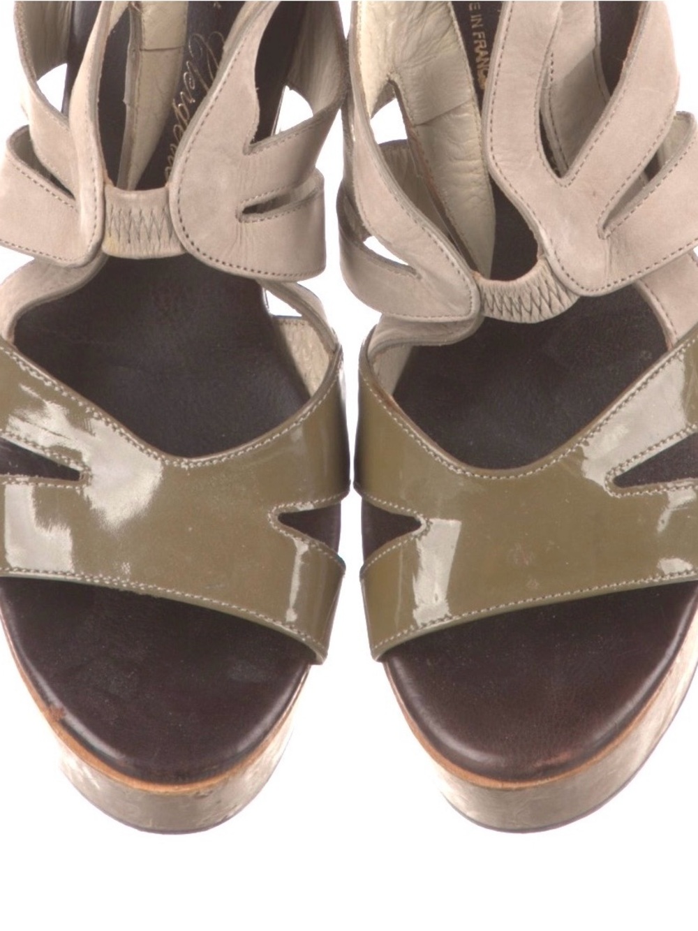 Robert Clergerie Olive Patent and Taupe Suede Platform Sandals
